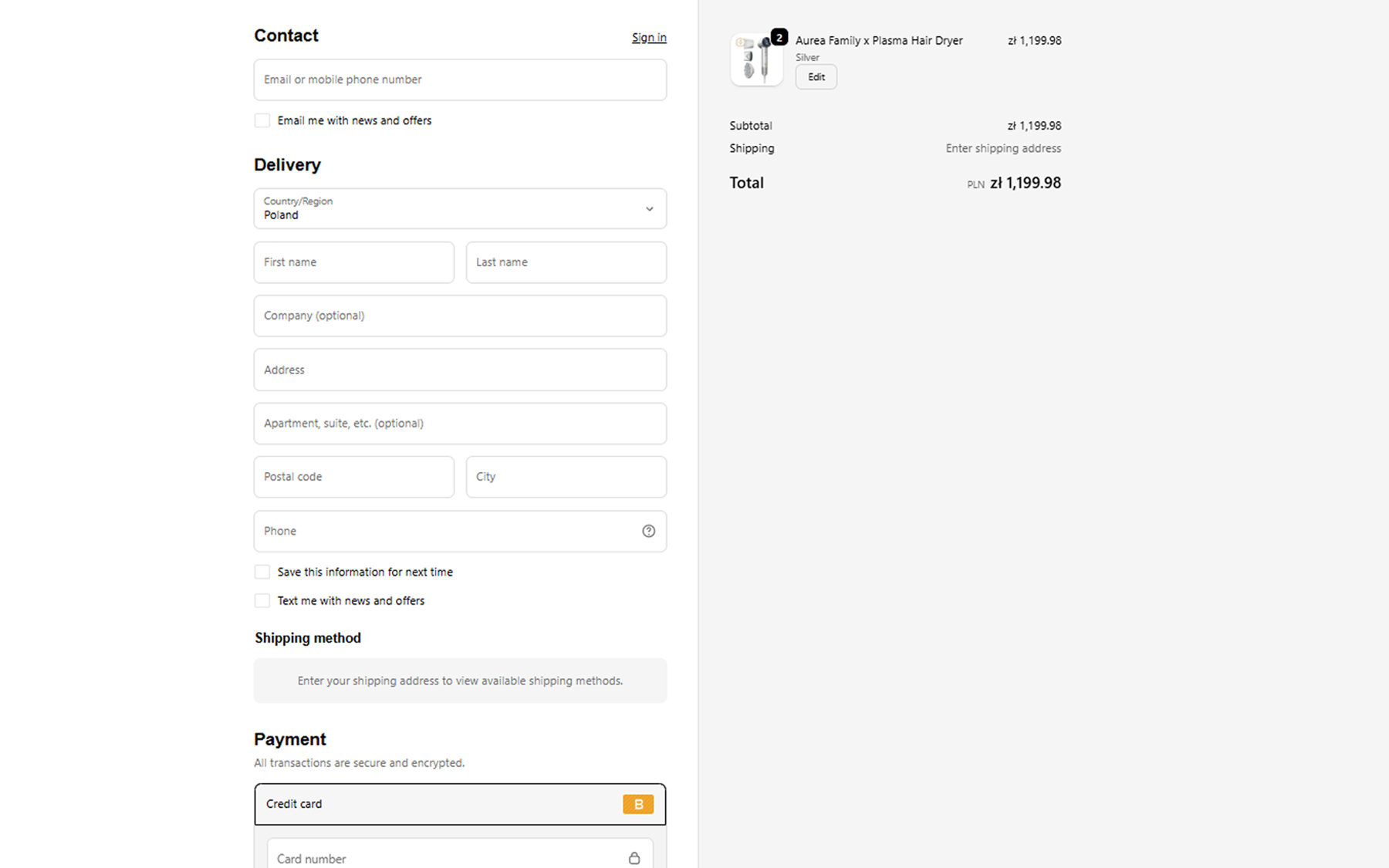 Standard Shopify checkout without optimization